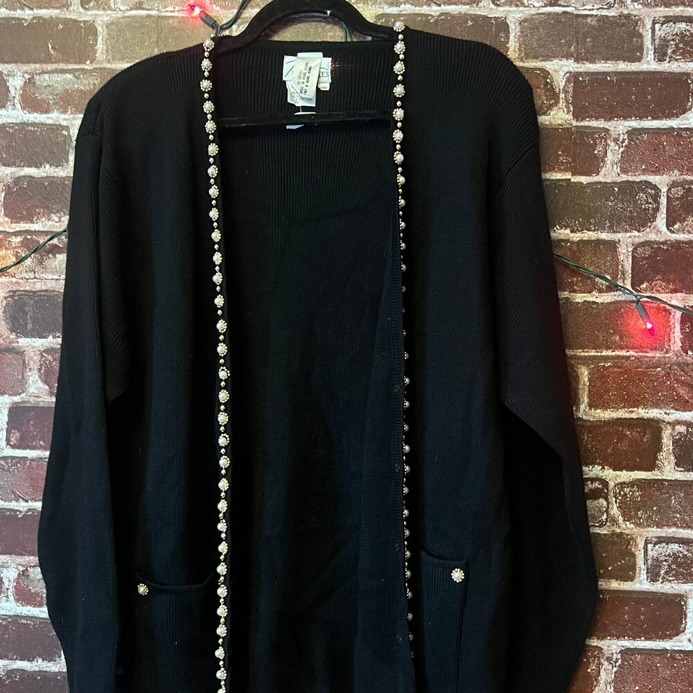 Vintage Pursuits Black Wool Blend Cardigan with Pearl & Gold Bead Trim - M/M